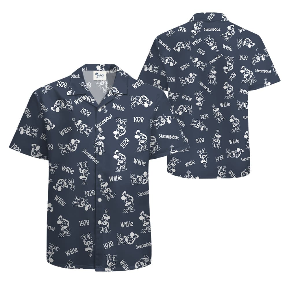 Cute Steamboat Willie Mickey 1928 Hawaiian Navy Button Up Shirt