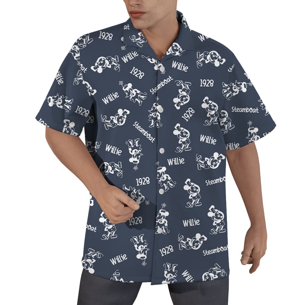 Cute Steamboat Willie Mickey 1928 Hawaiian Navy Button Up Shirt (5)