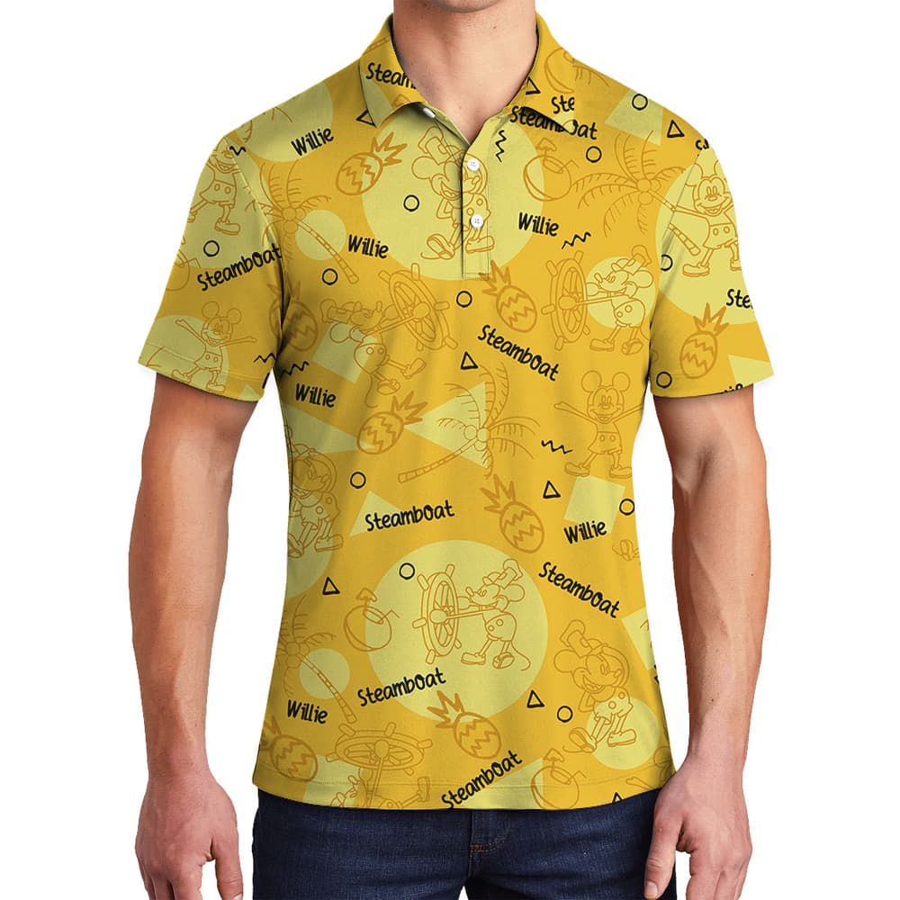 Cute Steamboat Willie Mickey Yellow Hawaiian Polo Shirt