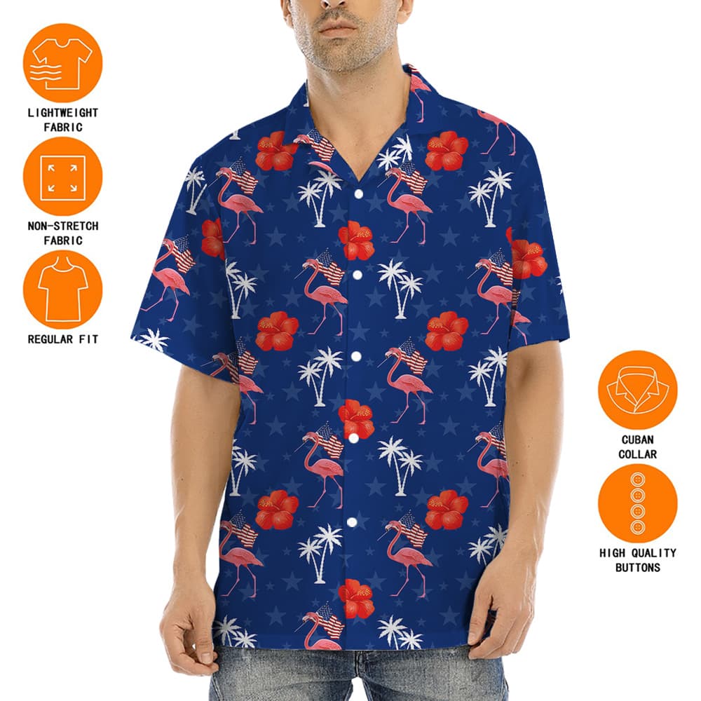 Flamingo American Flag Blue Hula Shirt