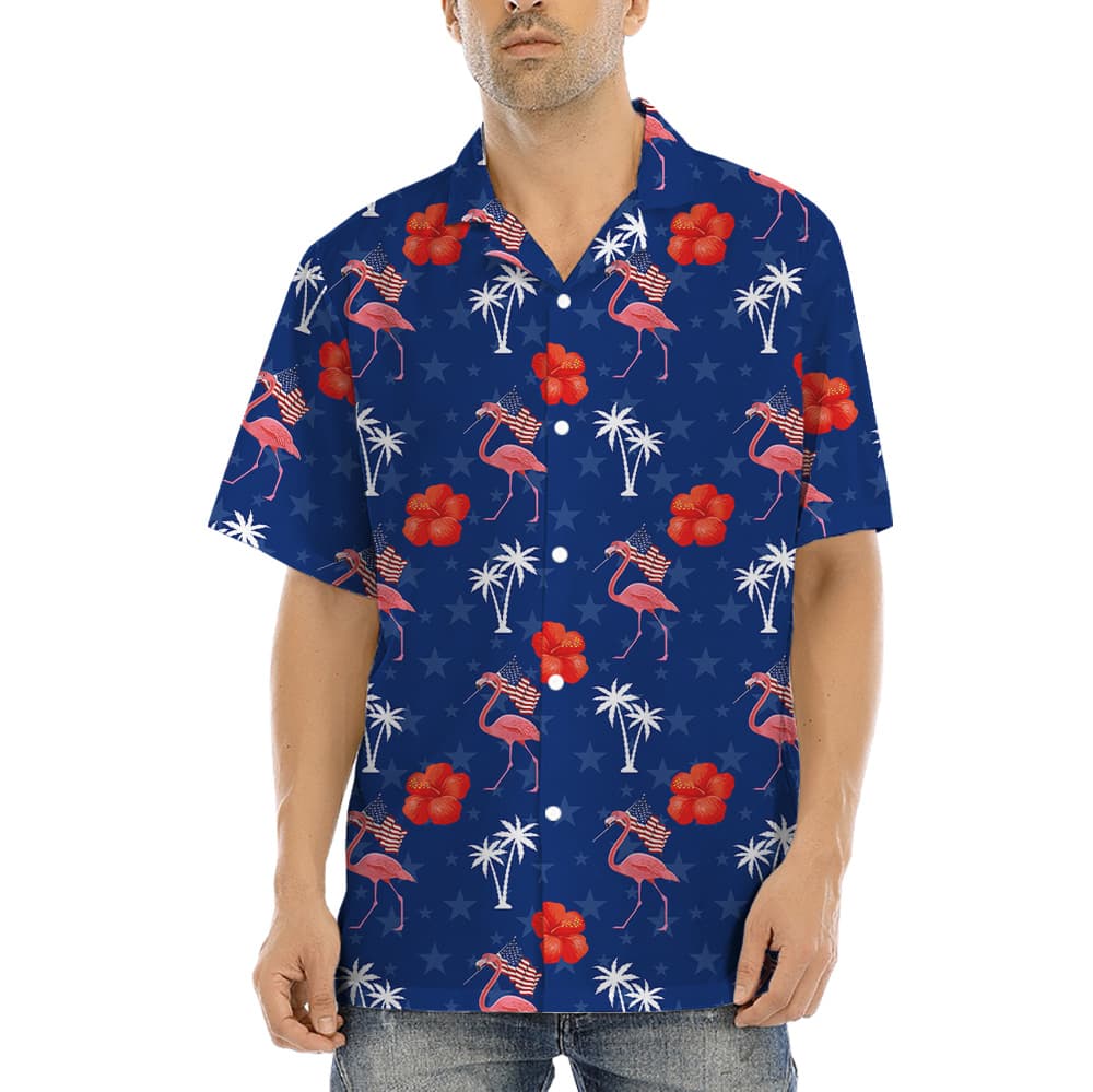 Flamingo American Flag Blue Hula Shirt (2)