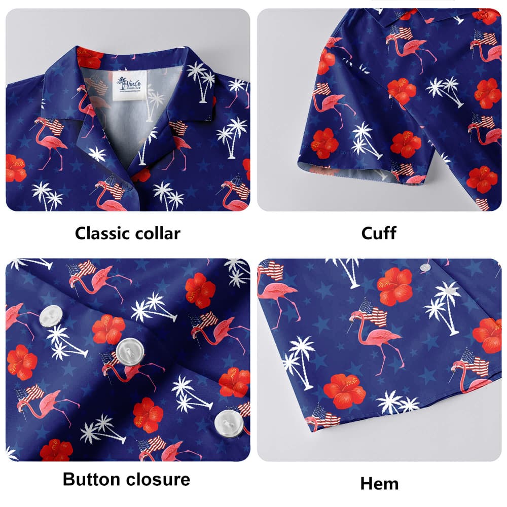 Flamingo American Flag Blue Hula Shirt