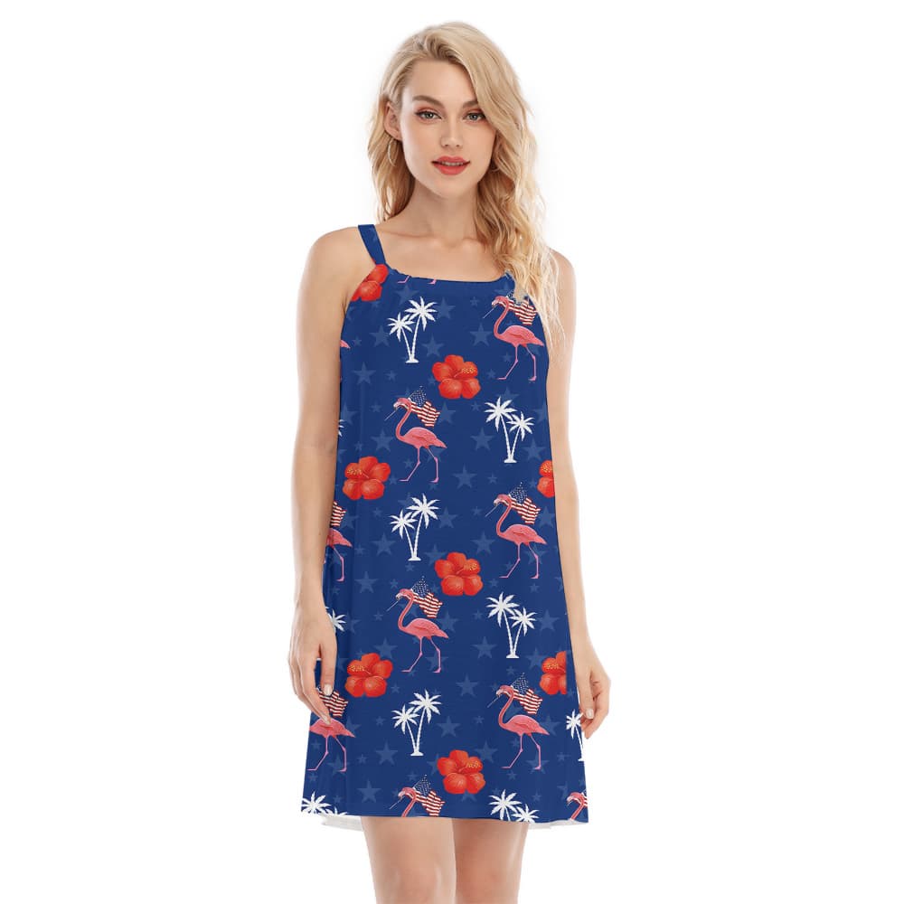 Flamingo American Flag Patriotic Blue Luau Dress