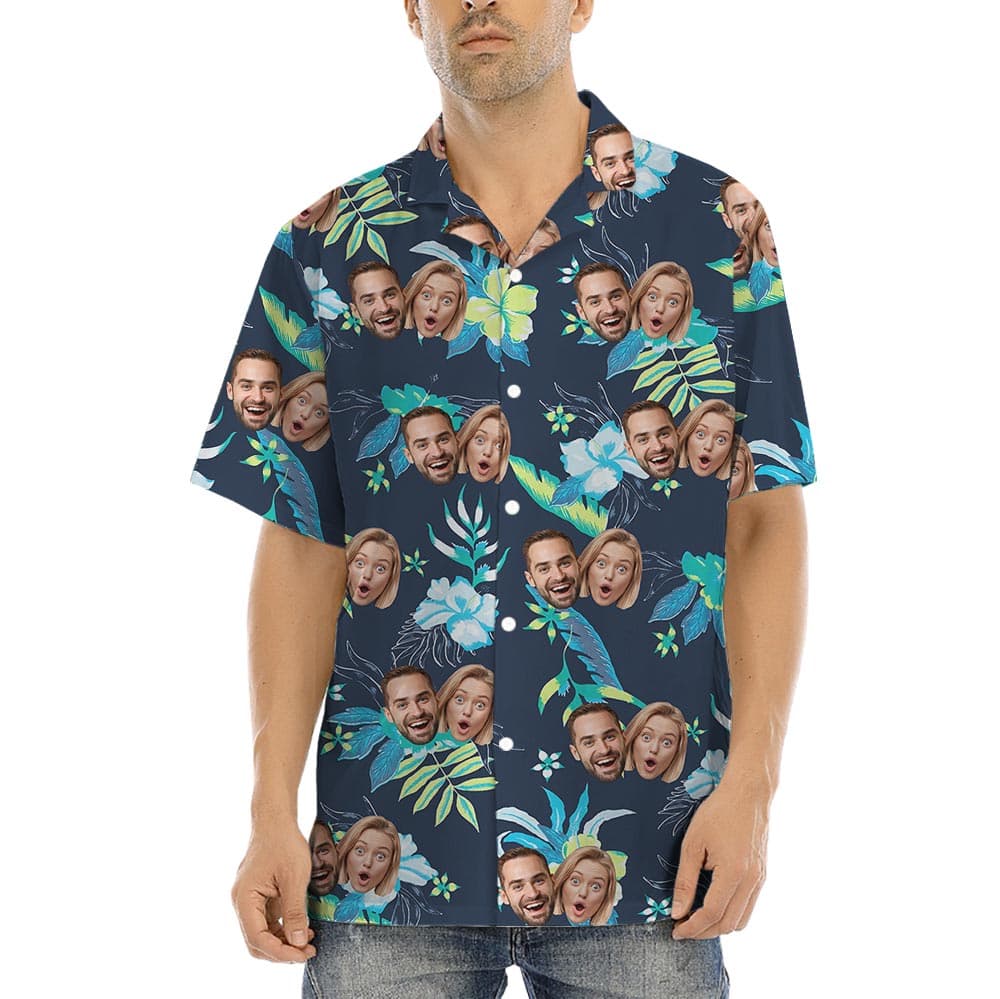 Floral Men's Hawaiian Shirt With Your Photos has a dark background with floral pattern, hibiscus and tropical leaves