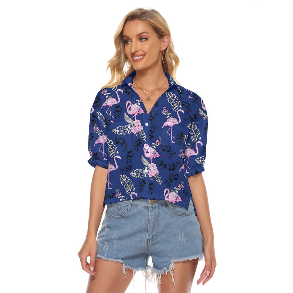 Floral Mickey Steamboat Willie Flamingo Navy Women's Cropped Shirt