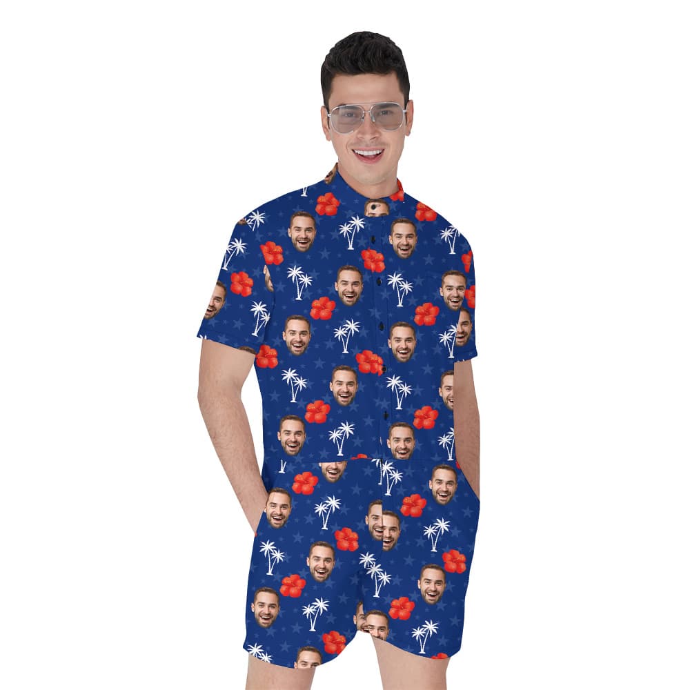 Funny 4th Of July Floral Blue Romper With Custom Face