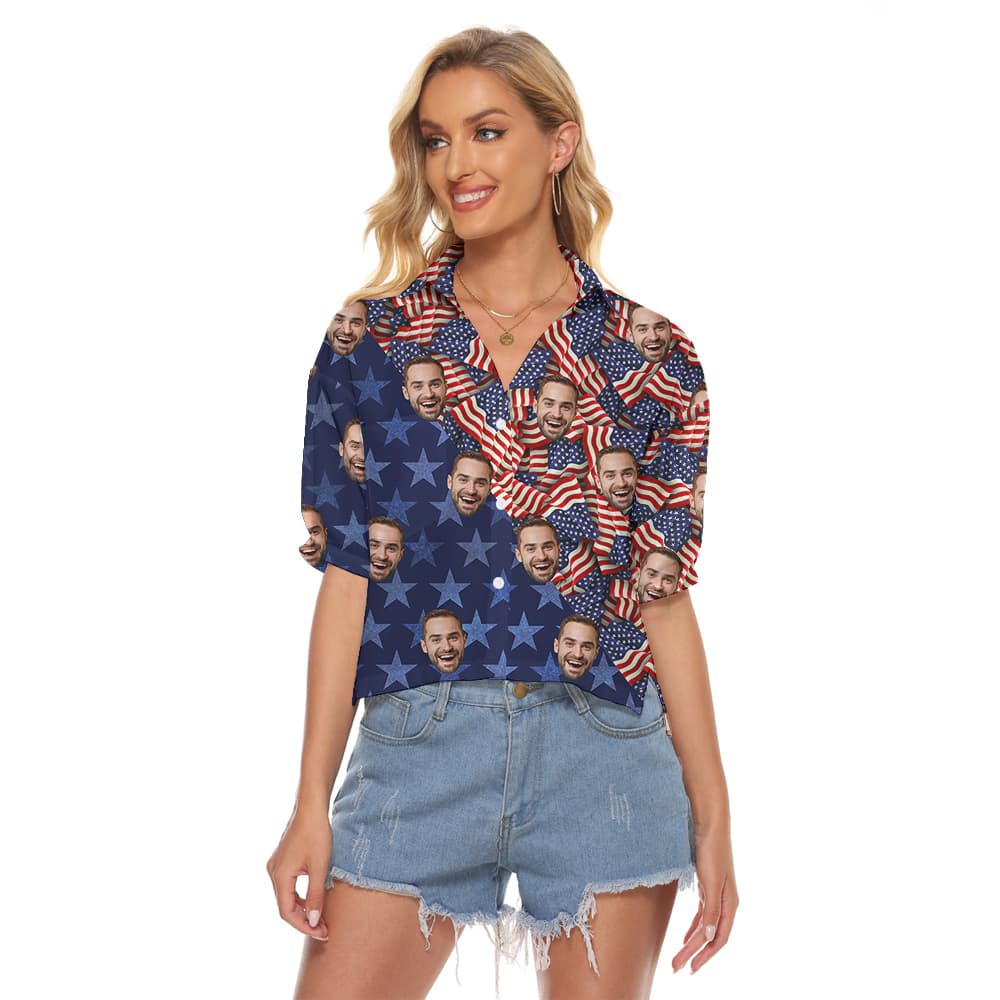 Funny Custom Face Patriotic American Flag Women's Crop Top Shirt