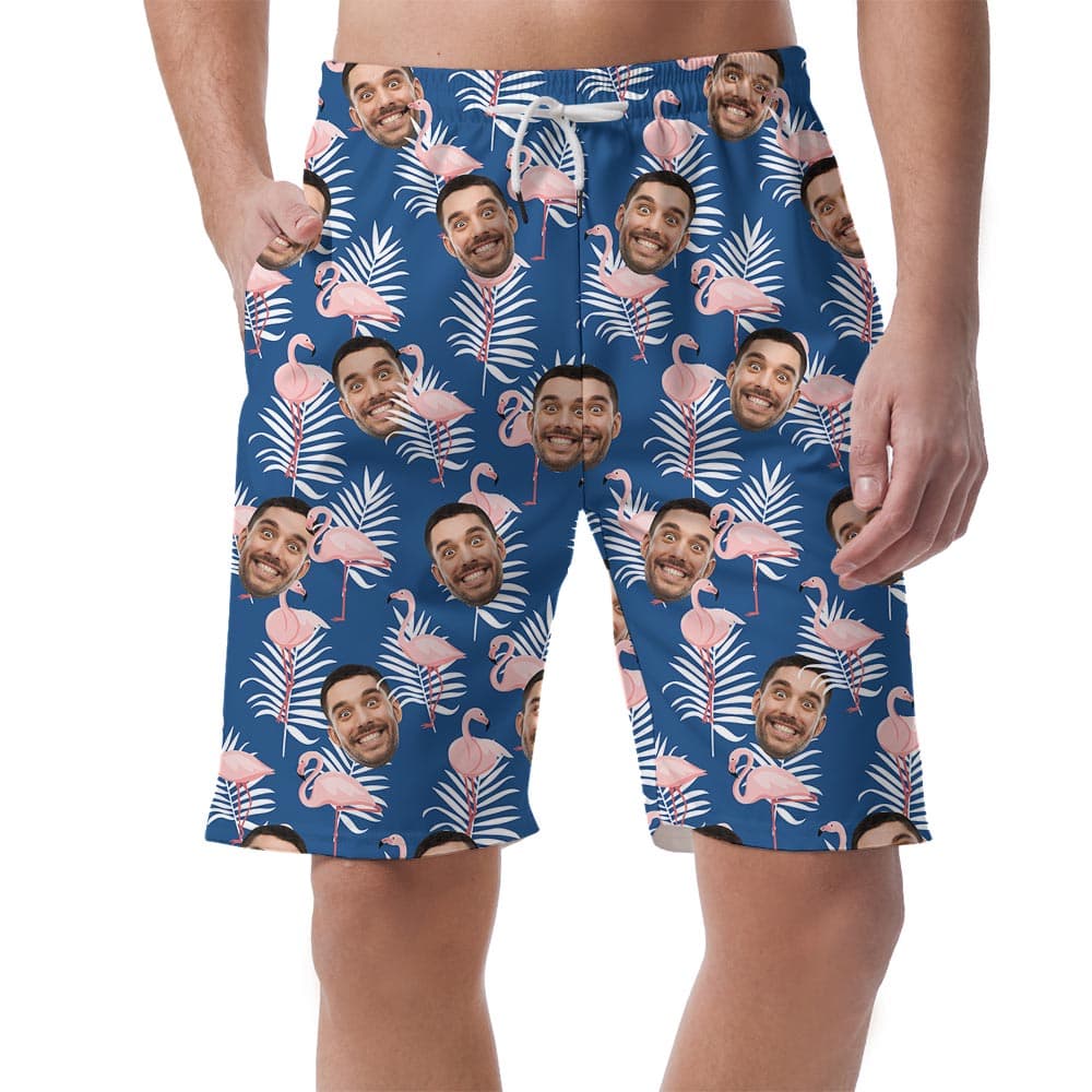 Funny Custom Faces All Over Print Shorts With Pink Flamingo has a funny print with your faces mixed with Hawaiian pattern having flamingo and tropical leaves and flowers
