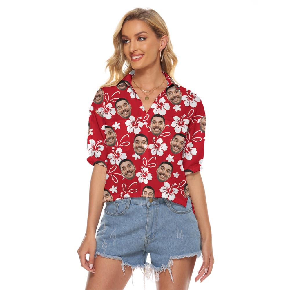 Funny Faces On Women's Crop Top Red Hawaiian Shirt