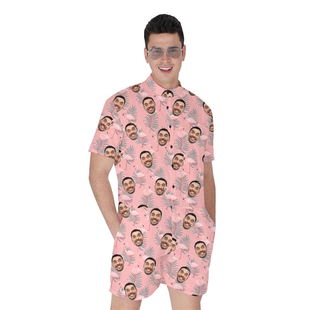 Funny Men's Flamingo Romper With Custom Face has a lovely print of pink flamingo on a tropical pattern, and you can custom your faces on it!