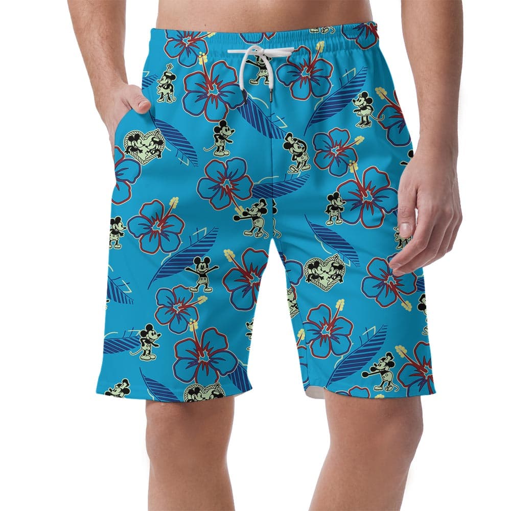 Funny Mickey Minnie Men's Blue Hibiscus Shorts has funny print with Mickey Minnie on a Blue Floral background