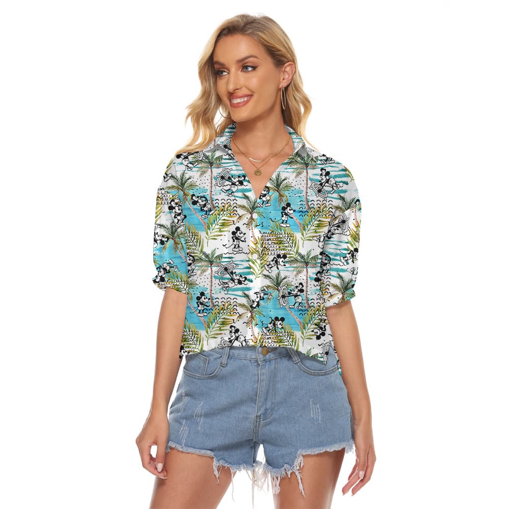 Funny Mickey Steamboat Willie Tropical Palm Trees Hawaiian Cropped Shirt For Women