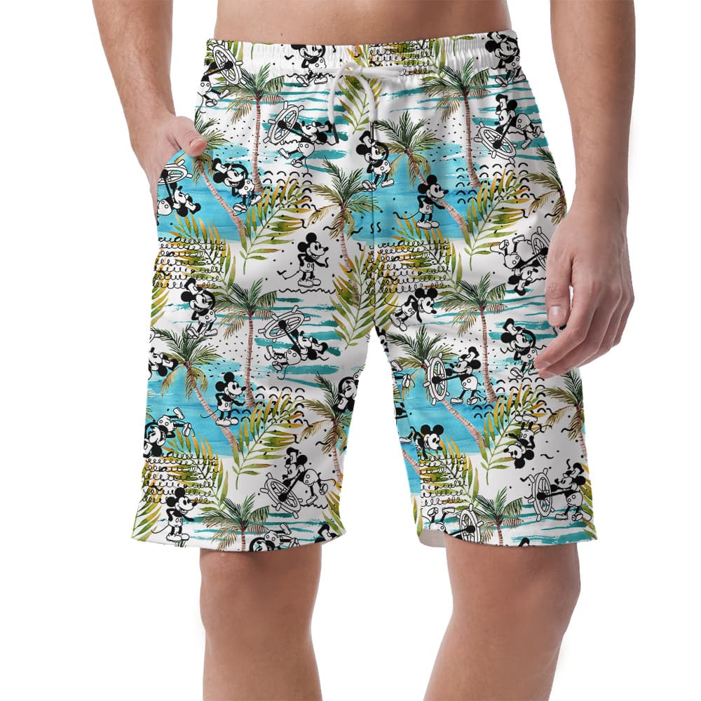 Funny Mickey Steamboat Willie Tropical Palm Trees Men's Hawaiian Beach Shorts