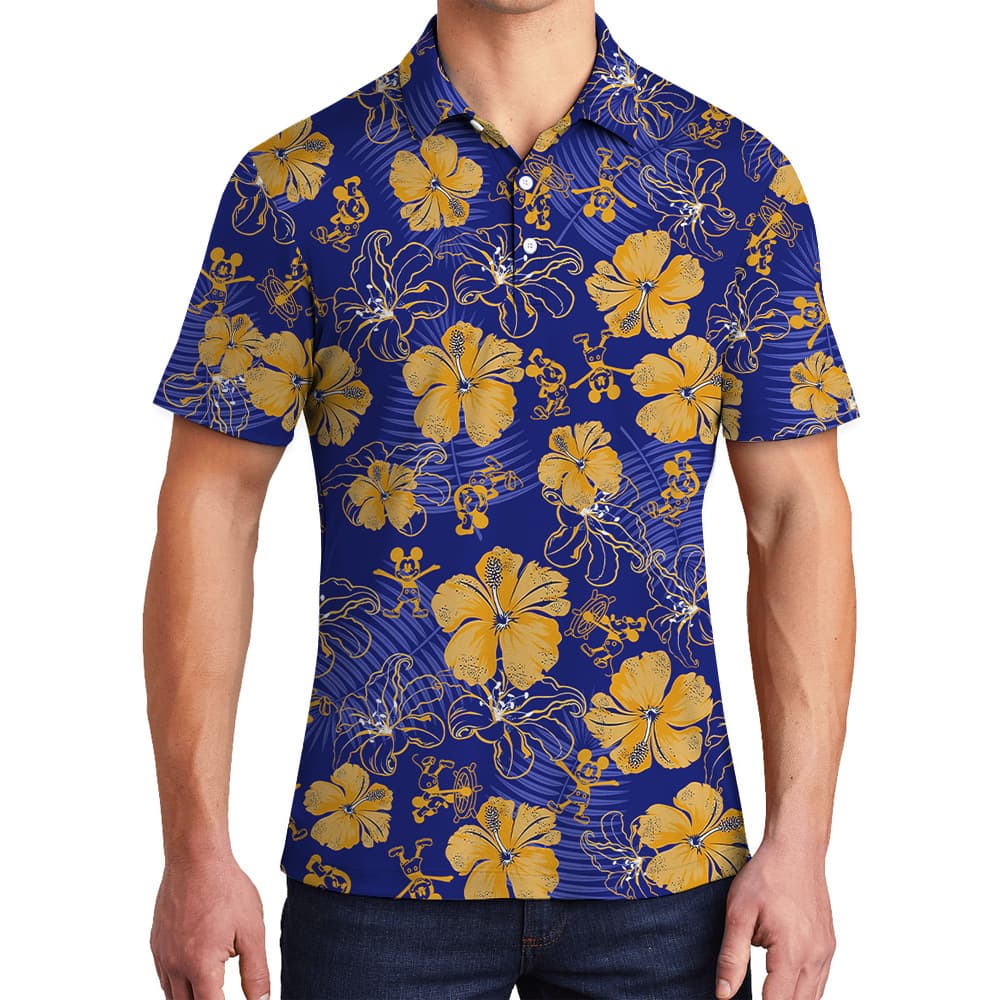Funny Mickey Steamboat Willie Vintage Hibiscus Navy Polo Shirt For Men