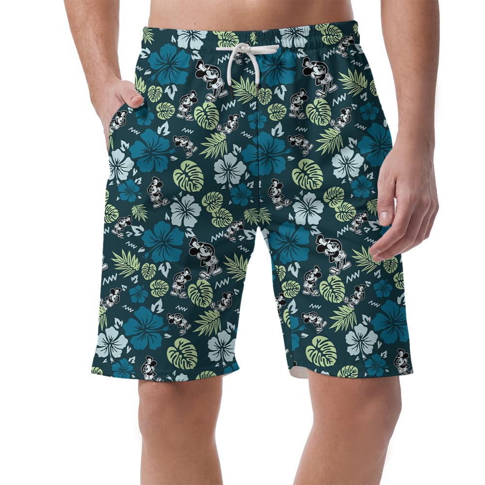 Green Hibiscus Mickey Steamboat Willie Men's Hawaiian Beach Shorts
