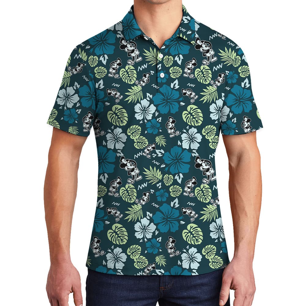 Green Mickey Steamboat Willie Floral Hawaiian Polo Shirt