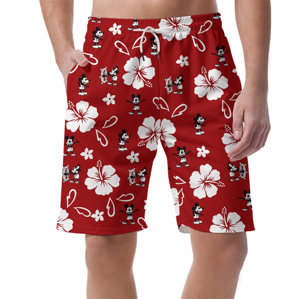 Hibiscus Mickey Steamboat Willie Classic Red Hawaiian Beach Shorts For Men