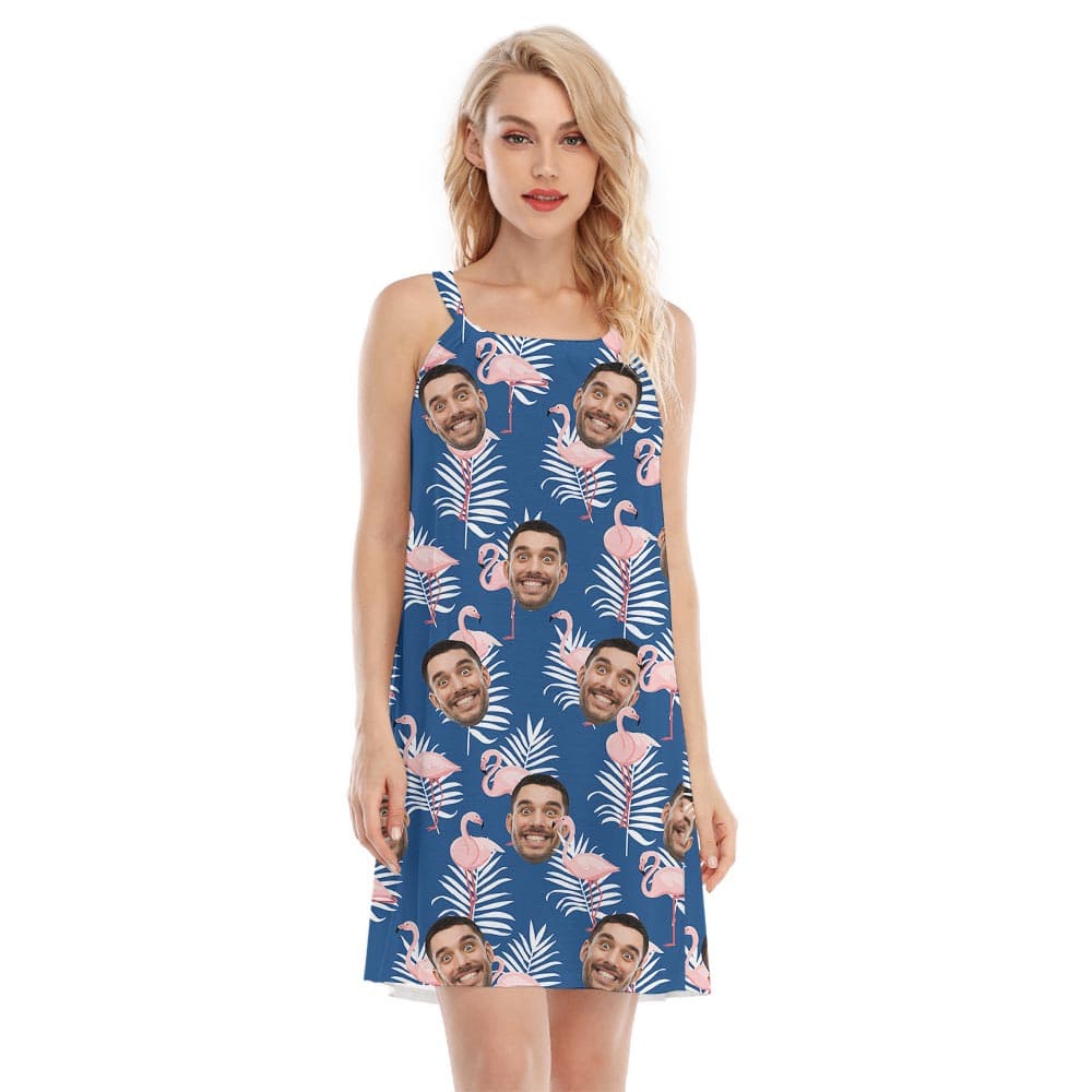 Lovely Flamingo Navy Hawaiian Dress With Your Face has a tropical print in navy color, with flamingo and customizable print with your photo