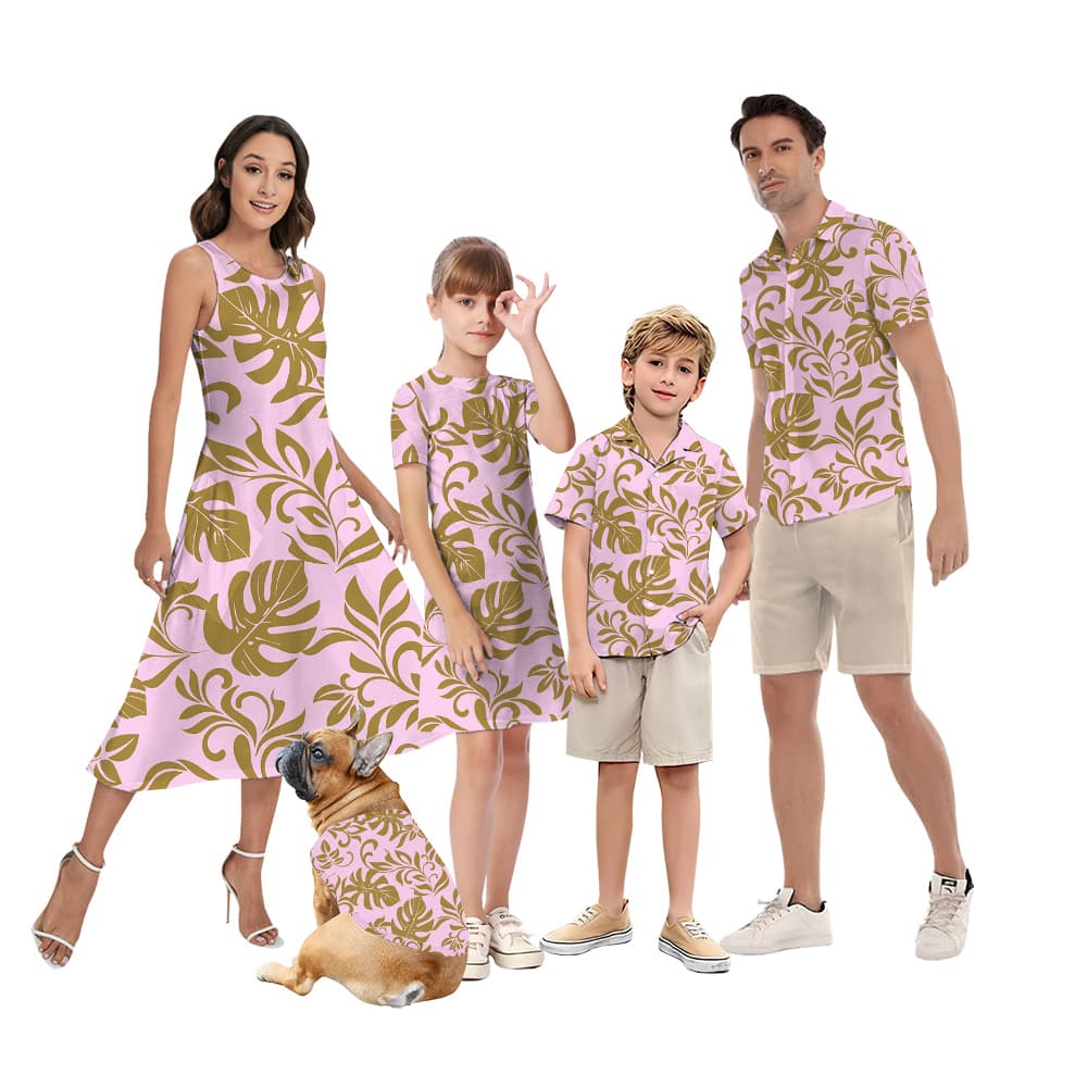 Matching Family Outfits with Golden Tropical Leaves on Pink Canvas