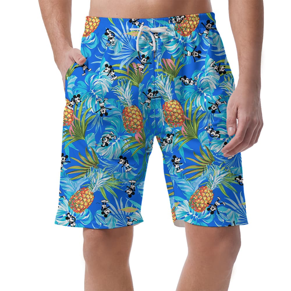 Mickey Steamboat Willie Blue Tropical Hawaiian Beach Shorts