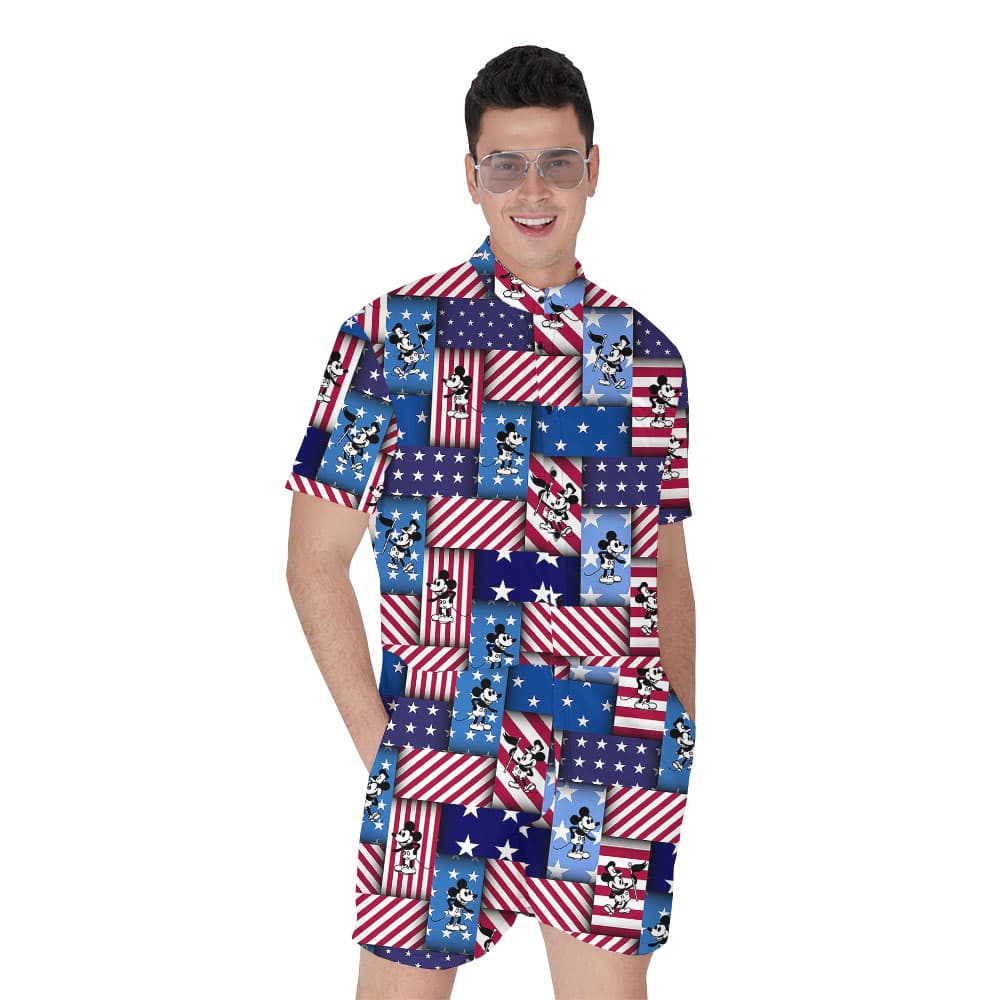 Mickey Steamboat Willie Patriotic Men's Hawaiian Romper
