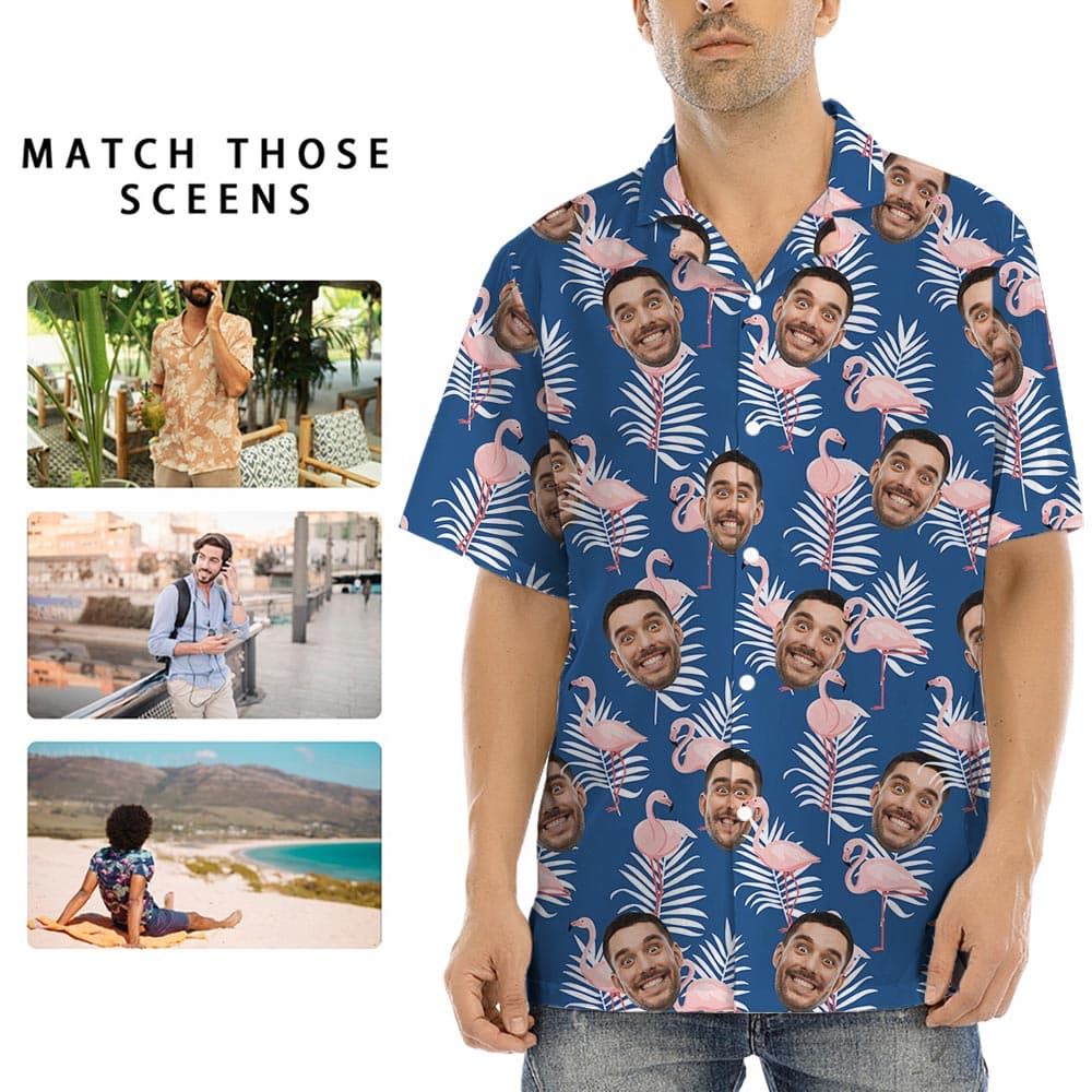 Navy Custom Flamingo Men's Short Sleeved Hawaiian Shirt