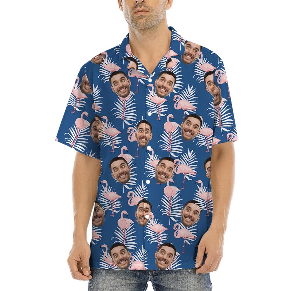 Navy Custom Flamingo Men's Short Sleeved Hawaiian Shirt has a navy tropical background with pink flamingos, custom multiple faces on it