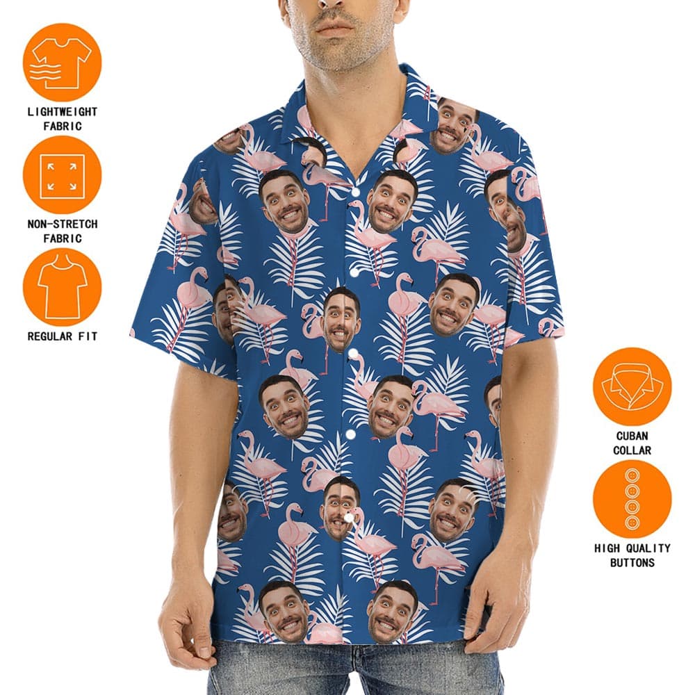 Navy Custom Flamingo Men's Short Sleeved Hawaiian Shirt