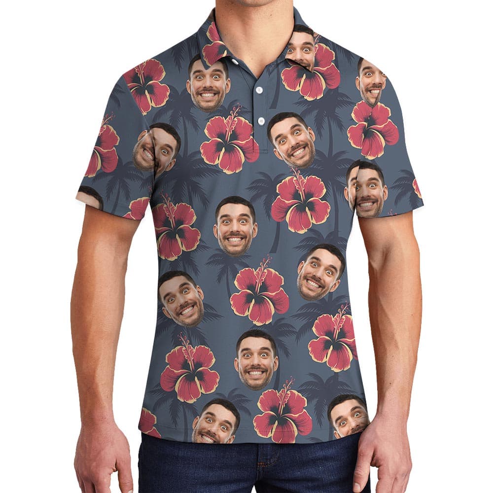 Navy Hibiscus Personalized Men's Polo Shirt With Faces