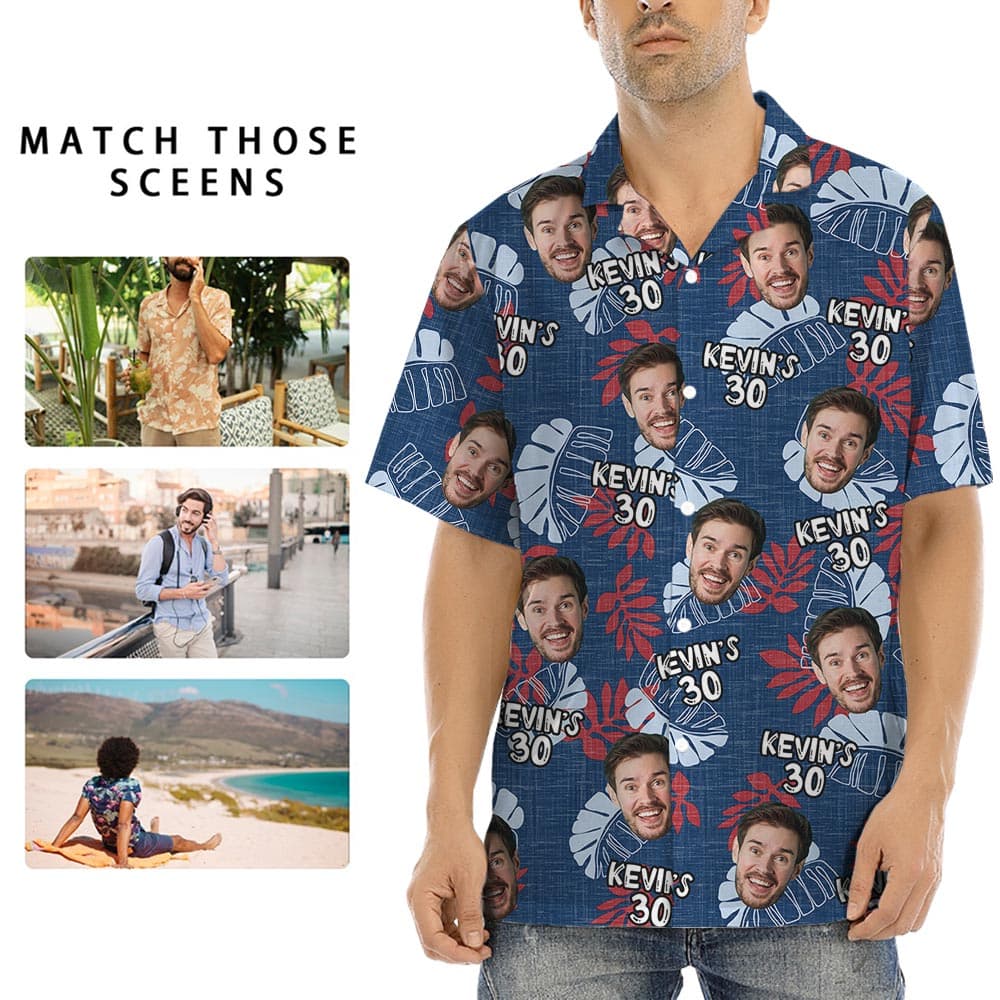 Navy Men's Birthday Hawaiian Shirt With Face And Age