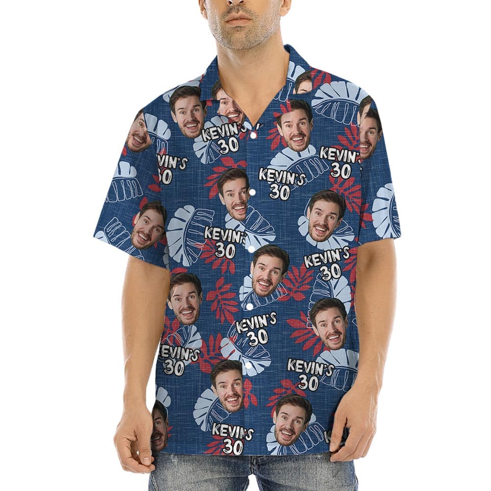 Navy Men's Birthday Hawaiian Shirt With Face And Age is a button up shirt with short sleeves, featuring your faces and birthday age on the shirt, celebrating and amazing for the Birthday party!