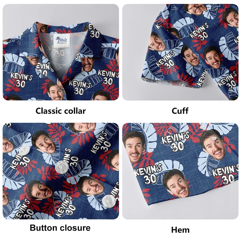Navy Men's Birthday Hawaiian Shirt With Face And Age has classic camp collar, button closure with sturdy seams