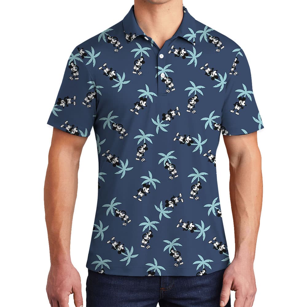 Navy Palm Trees Mickey Steamboat Willie Men's Polo Golf Shirt