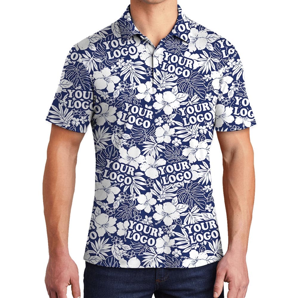 Navy Team Tropical Polo Shirt With Custom Logo has tropical navy print with hibiscus and leaves, with custom logo option for team uniform