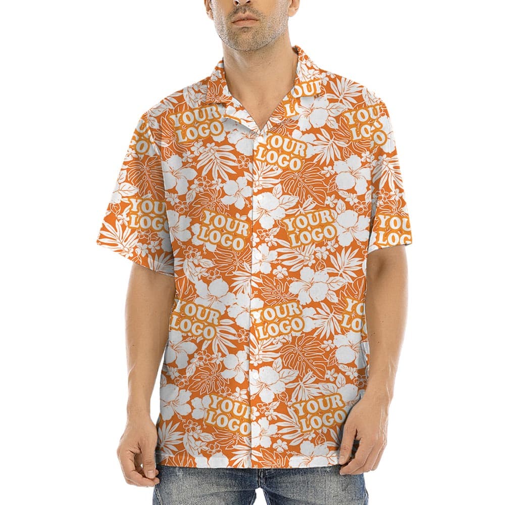 Orange Team Hawaiian Shirt With Custom Logo is a button-up style short sleeved shirt, with orange tropical print with hibiscus and leaves, mixed with your company logo all over the shirt for relaxing look with unity