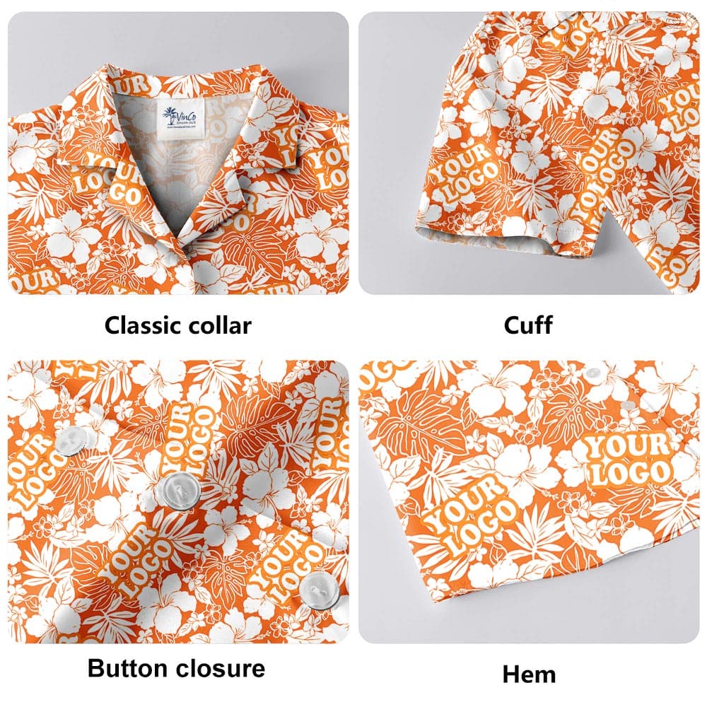 Orange Team Hawaiian Shirt With Custom Logo has classic spread collar, button closure and short sleeves