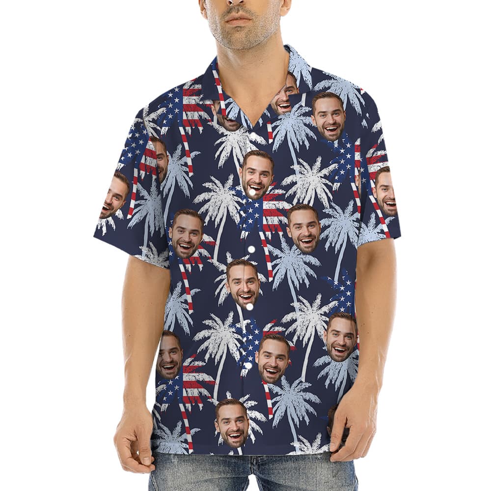 Palm Trees American Flag Custom Face Hawaiian Shirt Theme 4th Of July (2)