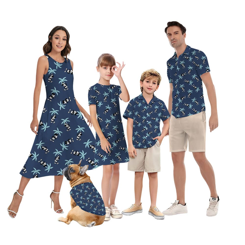 Palm Trees Mickey Steamboat Willie Navy Family Hawaiian Matching Outfits
