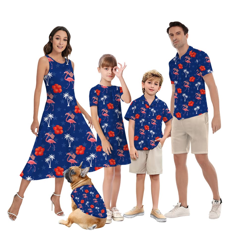 Patriotic Flamingo Floral Navy Matching Hawaiian Outfits For Family
