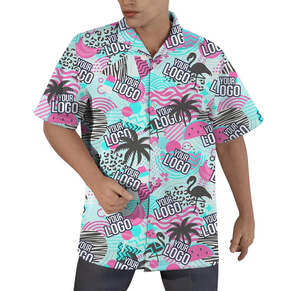 Personalized Logo Men's Hawaiian Shirt Short Sleeved has an interesting retro design with palm tree and you can custom your logo all over the shirt