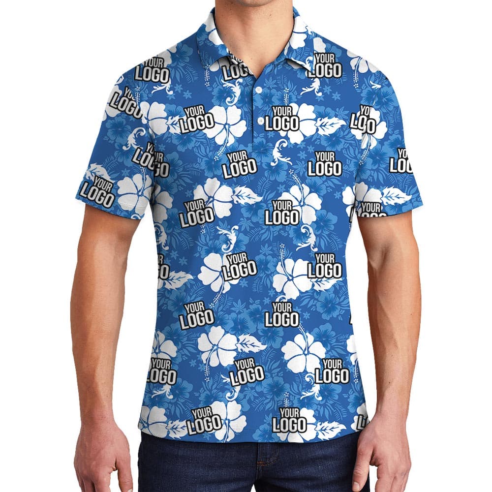 Blue Hawaiian Golf Shirt With Custom Team Logo, Hibiscus print