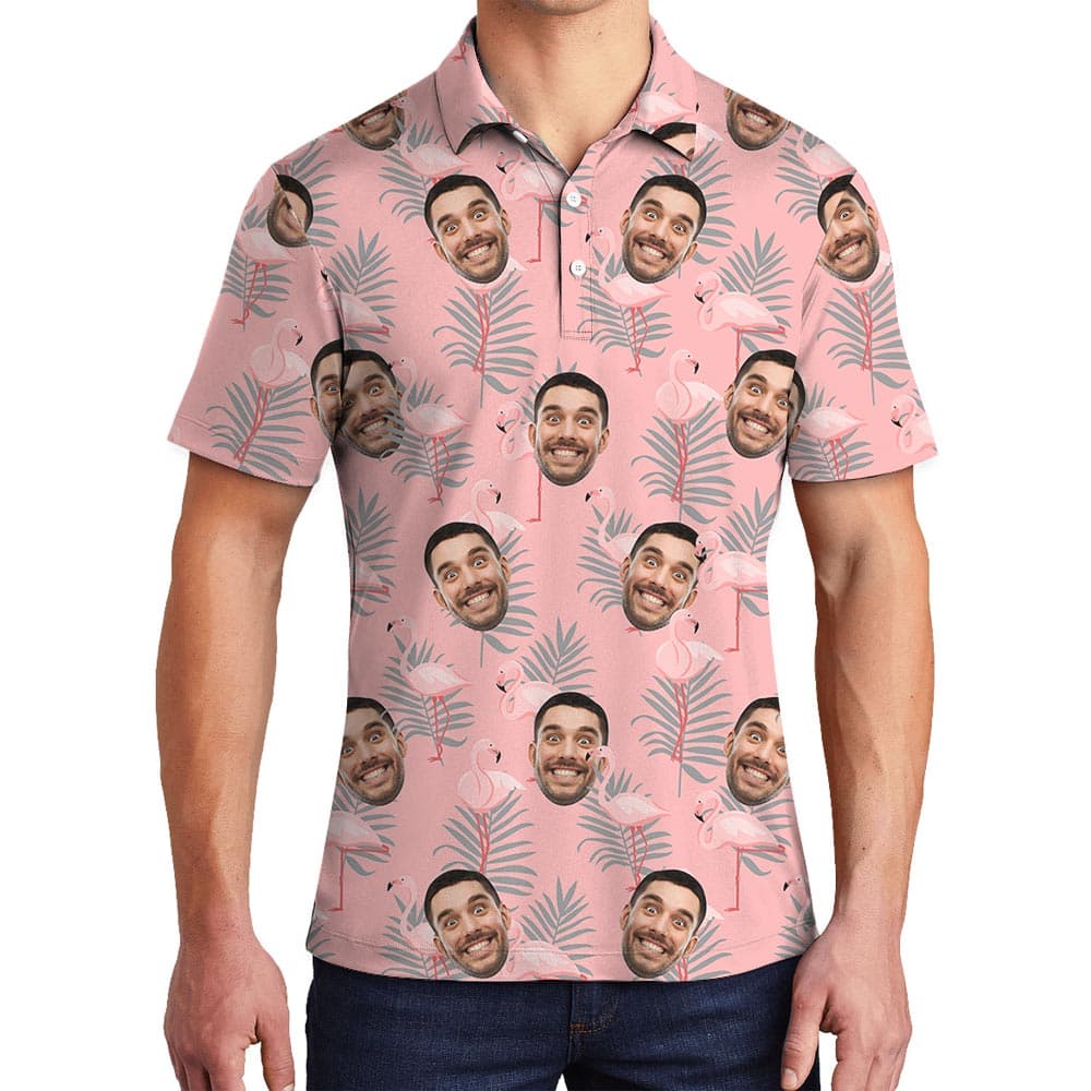 Personalized Men's Polo With Flamingo And Your Face, perfect for golf dates and vacation
