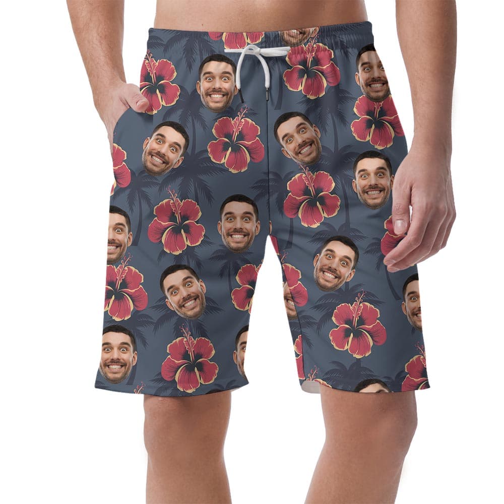 Personalized Navy Men's Beach Shorts With Hibiscus Palm Trees