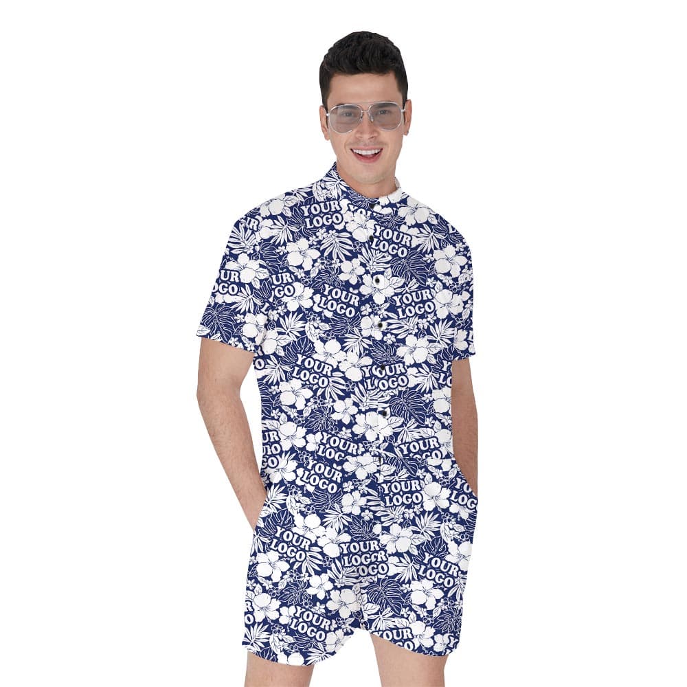 Personalized Navy Men's Hawaiian Romper With Custom Logo has tropical print with hibiscus, leaves on a navy background and custom logo option