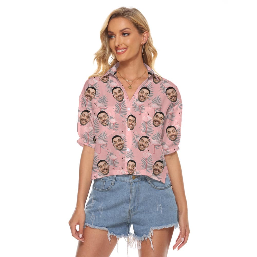 Personalized Pink Hawaiian Crop Top Women's Shirt with pink hawaiian background and customizable faces all over it