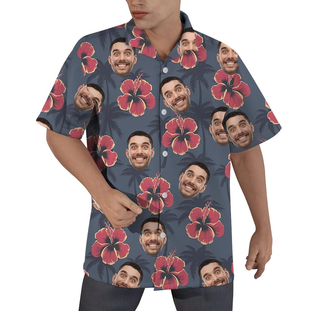 Personalized Red Hibiscus Button Hawaiian Shirt With Your Face