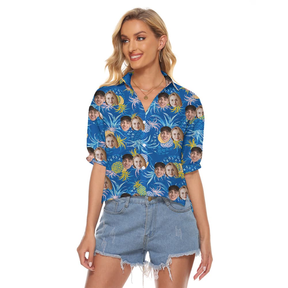 Pineapple Custom Face Blue Women's Hawaiian Shirt1