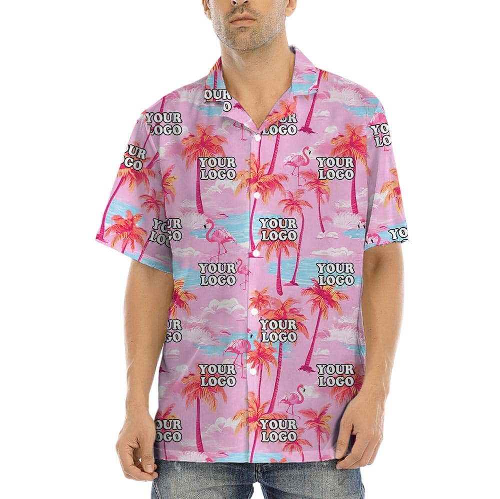 Pink Custom Aloha Shirts With Company Logo has an outstanding tropical print with pink colors, palm tree and custom logo - short sleeves and button up style