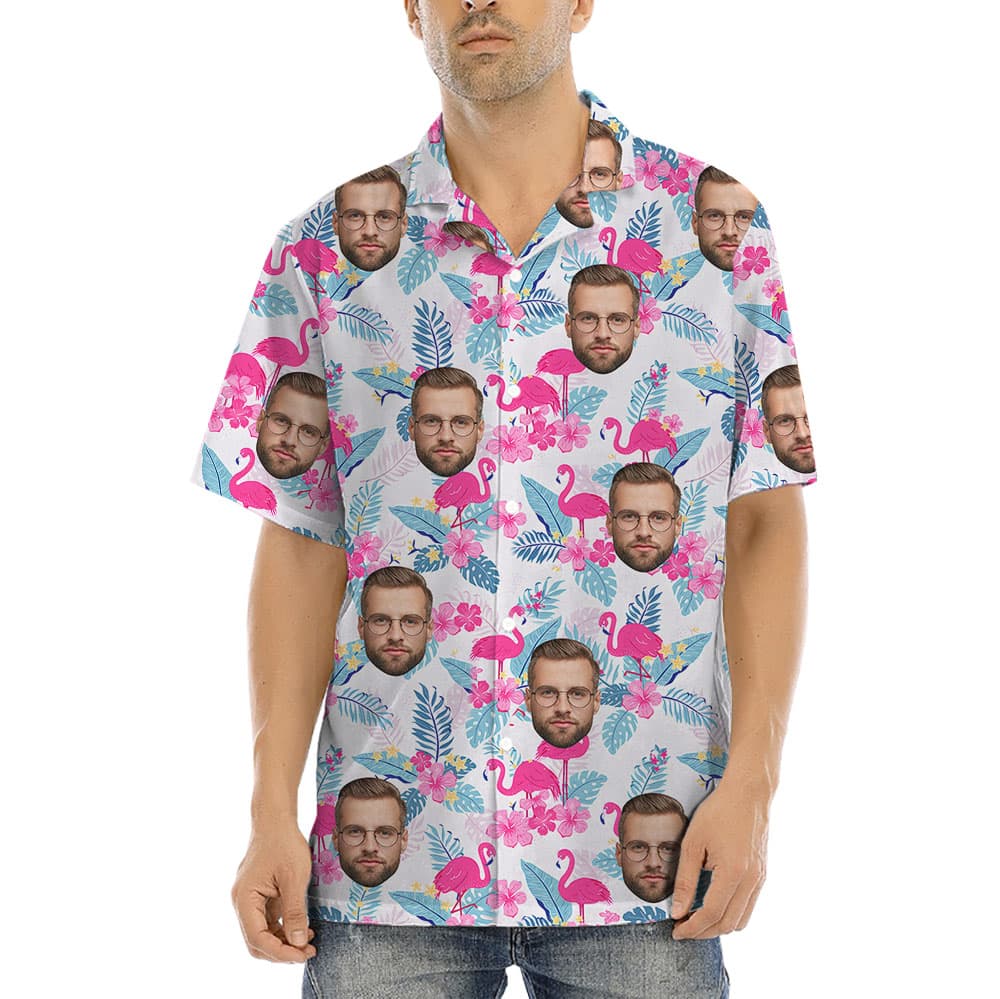 Pink Flamingo Button Up Shirt With 1-4 Faces1
