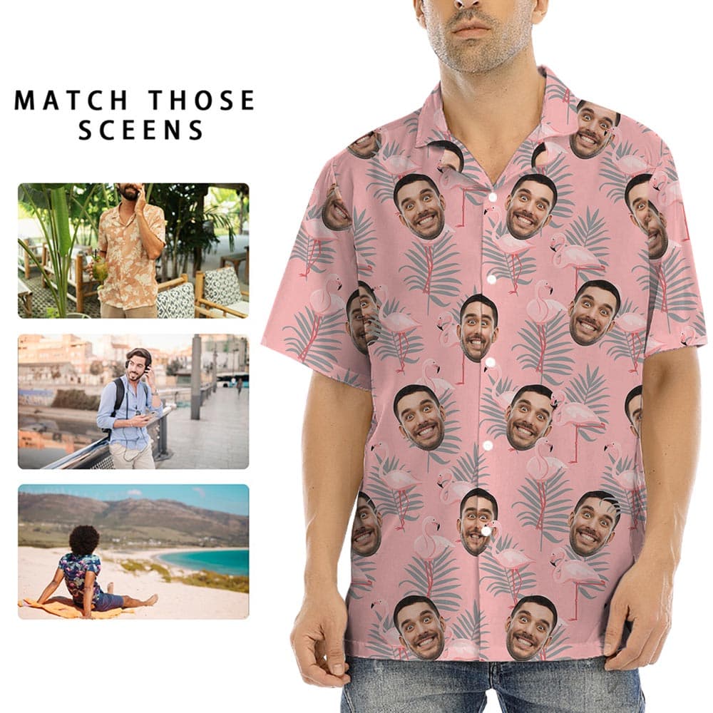 Pink Flamingo Hawaiian Button Up Shirt With Your Face is suitable for any events, bach or vacation, even daily